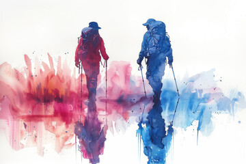 Pink watercolor painting of a couple hiking in forest, adventure
