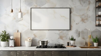 Harmonious Home: Elevating Kitchen Style with Hexagonal Marble Accents - obrazy, fototapety, plakaty