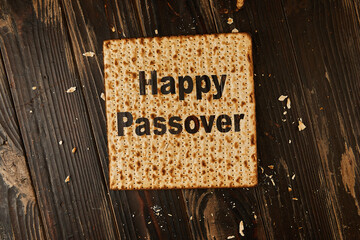 Passover celebration concept - Jewish holiday Passover. Whole matzo with the inscription Happy...