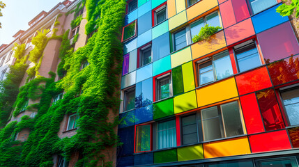 Fototapeta premium Sustainable Eco Building, Green Facade, Vertical Garden. Rainbow Thin Film Solar Cell Panels. Climate Change. Environment, Wellness, Modern Luxury. Residential Apartment Block, Corporate Office Center