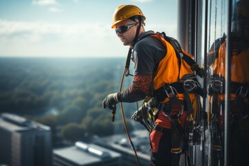 A fearless window washer dangling from a harness while cleaning the exterior of a tall building
