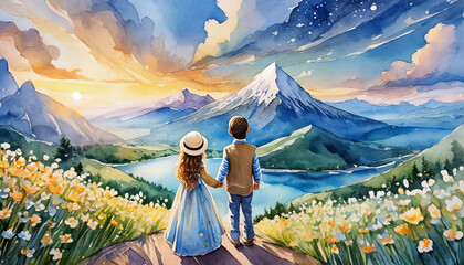 Watercolor illustration of girl and boy, beautiful natural landscape. Kids back view. Hand drawn art - obrazy, fototapety, plakaty