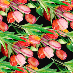Red tulips seamless pattern. Image on a white and colored background. - 783676228