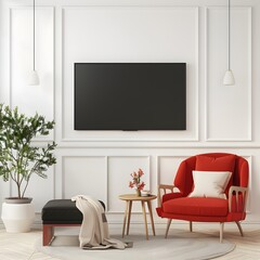 Vivid View: Dynamic Red Armchair Mounted TV Wall for Living Room