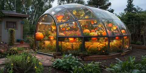 Floating geodesic dome greenhouse filled with exotic, bioluminescent fruits and vegetables - obrazy, fototapety, plakaty