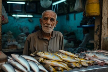 Colorful Arabian fish seller market. Eastern fisherman trading seafood on bazaar. Generate ai - obrazy, fototapety, plakaty