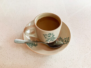hot drink milk tea leaf bag, milo , kopi coffee mocha with milk in traditional cup and tea spoon...