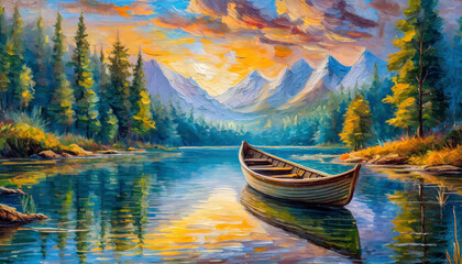 Oil painting on canvas of beautiful landscape with boat on lake, mountains and green forest.