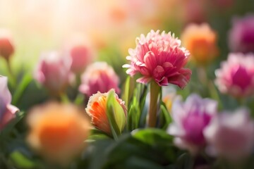 sunlight on Easter flowers, abstract blank blurred spring background, beauty in nature concept, copy space - Generative AI