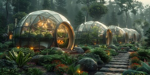 Floating geodesic dome greenhouse filled with exotic, bioluminescent fruits and vegetables - obrazy, fototapety, plakaty