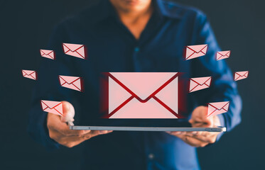 Men who use tablets have spam icons, mobile spam links, virus email icons with holographic...