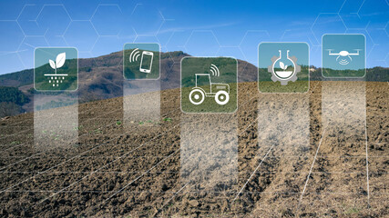 New technology, agriculture management for smart farm system..Green innovation, sustainable crops - obrazy, fototapety, plakaty