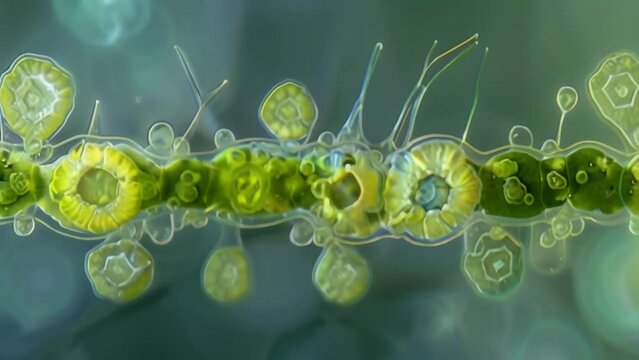A cross section of a cyanobacteria filament revealing the presence of specialized cells called heterocysts which are responsible for . AI generation.