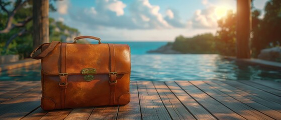  old vintage luggage with seascape view, summer travel concept, Generative Ai