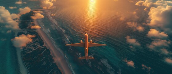  plane fly over beautiful seascape, travel concept, Generative Ai