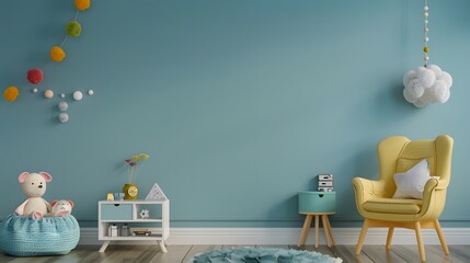 Fototapeta na wymiar Whimsical Wonderland: Magical Mockup Wall for Children's Blue Room
