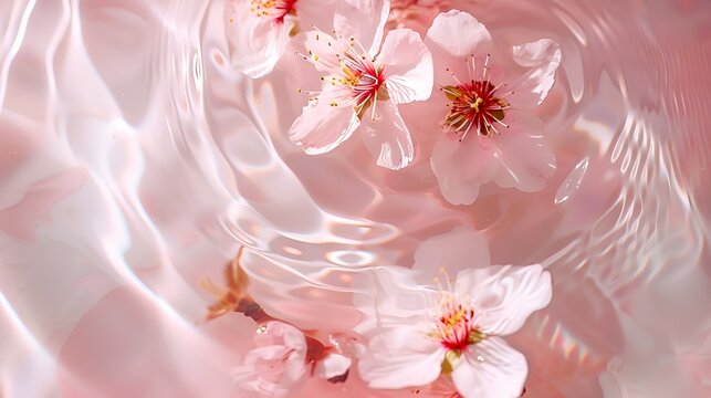 A serene image capturing the delicate cherry blossoms adrift on gently rippling water, reflecting a soft pink hue that creates a tranquil and soothing effect
