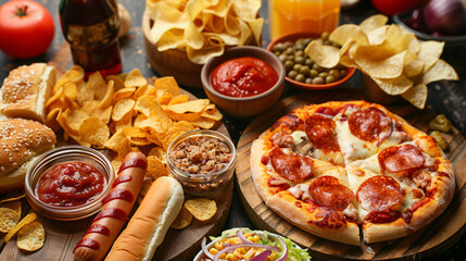 Variety of processed foods with pizza hot dog