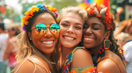 Happy Smiling Young Women Celebrating Gay Pride Together. Diversity, Ethnicities, Inclusion. Friendship, Fun, Positive Vibes. Summer Joy, Freedom. Equality, Togetherness, Community. Rainbow Colours. 