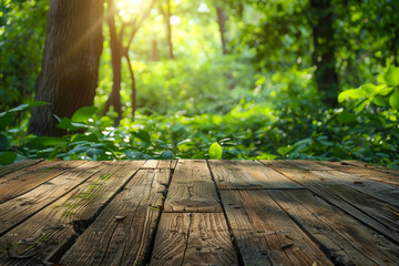 Enchanted Forest Clearing with Rustic Wooden Floor at Sunset