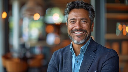 Obraz premium Smiling middle-aged man with a beard in a stylish outfit poses confidently in a bright, modern café during the day showcasing a lively atmosphere
