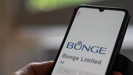 April 09th 2024 , Chesterfield, Missouri. Close up on logo of Bunge Limited on the screen of an exchange. Bunge Limited price stocks, $BG on a device.