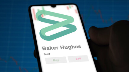 April 09th 2024 , Houston, Texas. Close up on logo of Baker Hughes on the screen of an exchange. Baker Hughes price stocks, $BKR on a device.