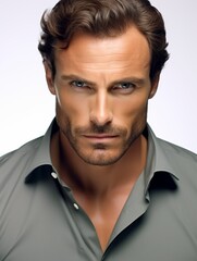 Obraz premium A confidently posed man with chiseled features and blue eyes stands against a neutral background, showcasing a stylish, untucked light grey shirt, exuding strength and charisma