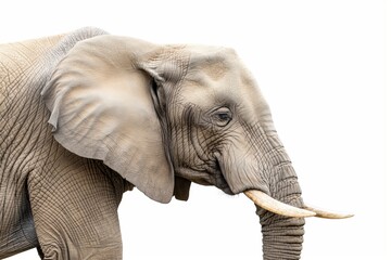 Close-up of an African elephant's head, isolated on a white background highlighting its textured skin and tusks.