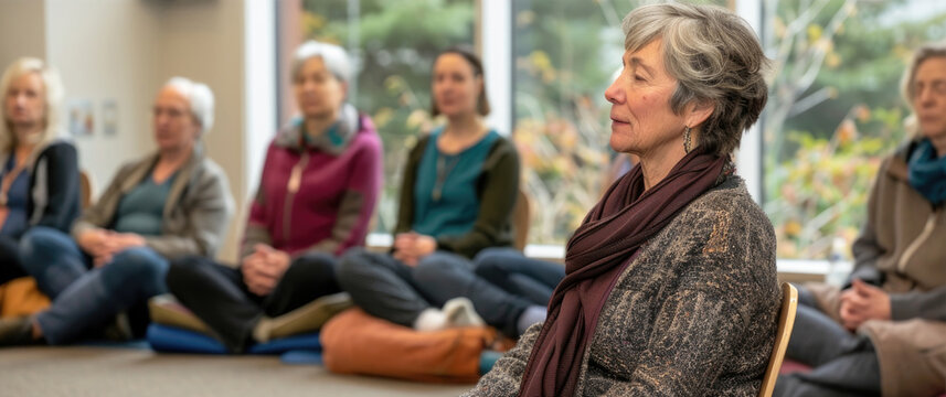A group of adults sitting peacefully in a meditation class led by a focused senior woman with a tranquil expression