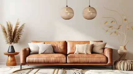 Fototapeten Contemporary Elegance: Luxe Living with Beige Leather Sofa © Zelta
