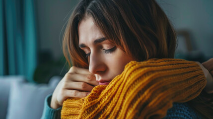 A young woman in a yellow scarf holds herself, her eyes closed in a moment of quiet reflection
