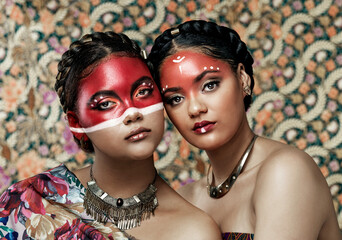 Culture, makeup and portrait of girls, traditional and art on face, color and respect for religion....