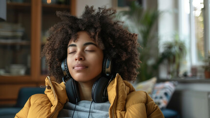 A woman wearing headphones is listening to music, focusing intently on the music she is hearing