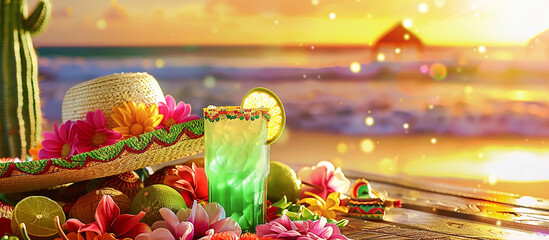 Cinco de Mayo,Mexican colorful summer fiesta party,sombrero hat,maracas margarita cocktail,table colorful Mexican decorations. With the exotic beach "Cinco de Mayo" as a backdrop,mexican banner.