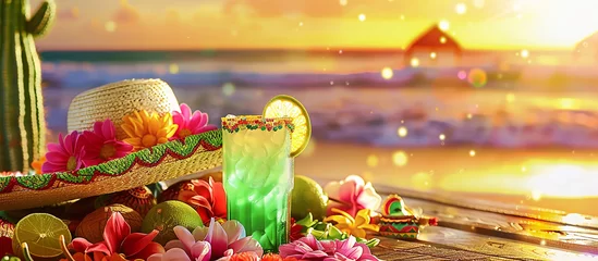 Fotobehang Cinco de Mayo,Mexican colorful summer fiesta party,sombrero hat,maracas margarita cocktail,table colorful Mexican decorations. With the exotic beach "Cinco de Mayo" as a backdrop,mexican banner. © shintartanya
