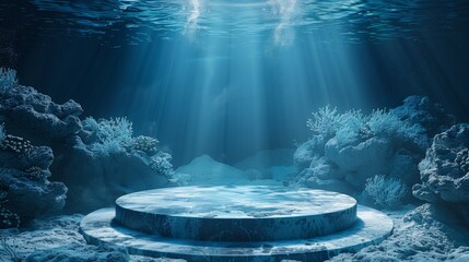  Deep blue round podium with an underwater, oceanic background 