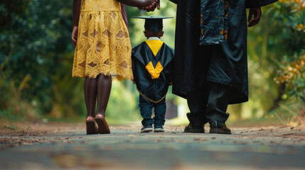 A child in a graduation cap and gown strolls with adults on a path, reflecting a familys proud moment during graduation