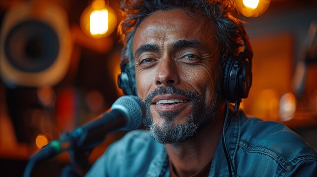  a man speaks and gestures in front of a microphone while performing a podcast 