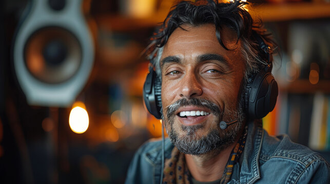  a man speaks and gestures in front of a microphone while performing a podcast 