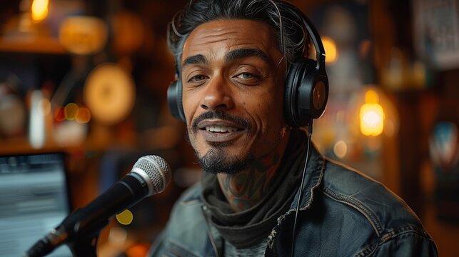  a man speaks and gestures in front of a microphone while performing a podcast 