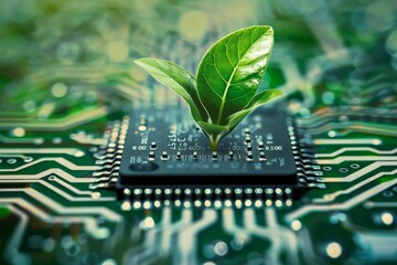  motherboard and plant. Sustainable Technology Concept with a Young Plant Growing from a Circuit Board, Symbolizing Eco-Friendly Innovation and Green Tech Solutions