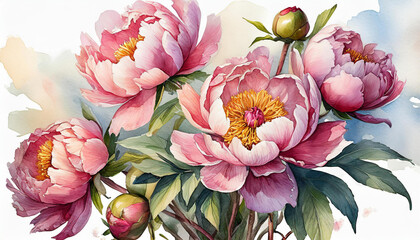 Watercolor painting of pink flowers. Bouquet of peonies. For greeting card or poster. Hand drawn art