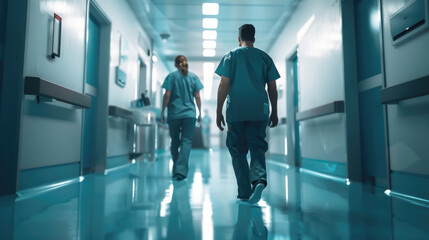 Fototapeta premium Two medical staff members in scrubs are seen walking down a brightly lit, sterile hospital hallway, presumably during a late shift