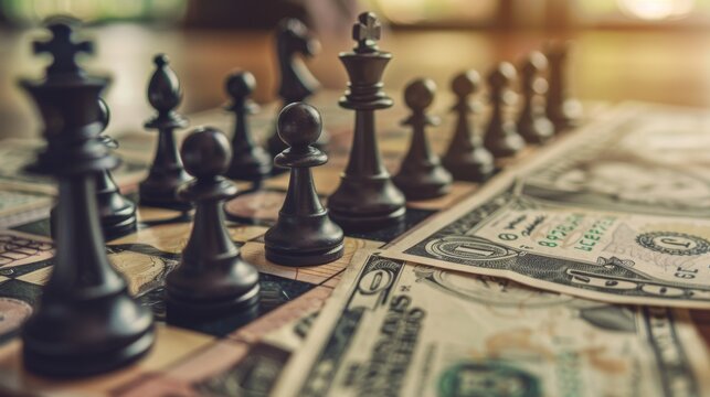 Strategic game of chess positioned on top of currency bills, representing financial strategy and investment risks.