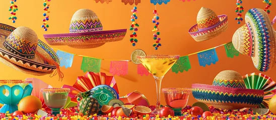 Foto auf Acrylglas Cinco de Mayo,Mexican colorful summer fiesta party,sombrero hat,maracas margarita cocktail,table colorful Mexican decorations. With the exotic beach "Cinco de Mayo" as a backdrop,mexican banner. © shintartanya