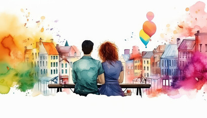 A couple sitting on a bench overlooking a city