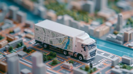 A miniature delivery truck on a stylized city map, representing logistics, urban delivery services, and transportation.