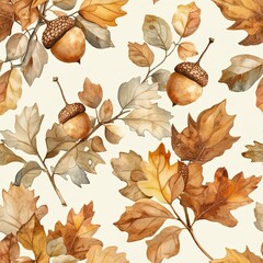 Light watercolor acorn and oak leaves, seamless, autumnal softnesss. Seamless Pattern, Fabric Pattern, Tumbler Wrap, Mug Wrap.