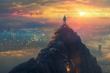 Silhouetted figure stands on a mountain peak overlooking a glowing futuristic cityscape at sunset.